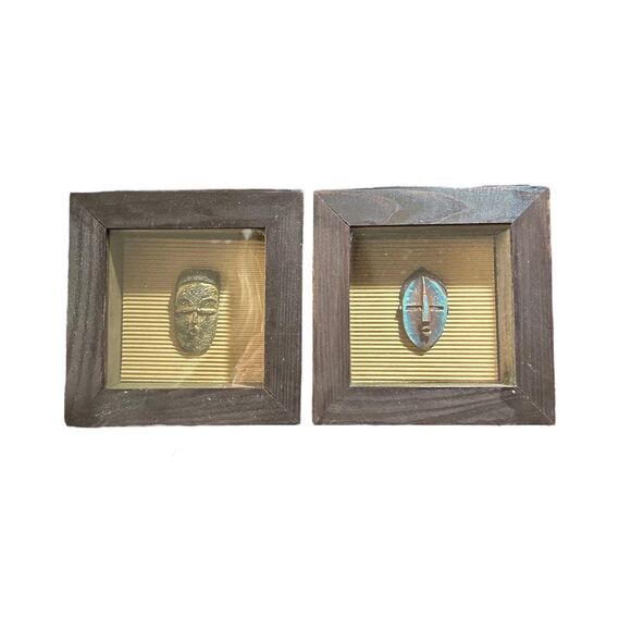 Two African Ceremonial Head Figure Shadow Boxes in Brown Wood Frame - Picture 6 of 8